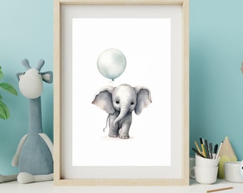 Baby Elephant, Pink Balloons Printable Art Nursery Wall Decor Elephant ...