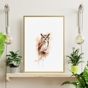Great Horned Owl Drawing | Water Color | Wildlife Print | Bird Print | Simple Artwork | Vintage Sketch | Printable Art | Digital Download