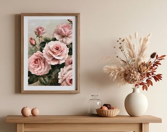 May include: A framed vertical wall art print featuring a cluster of soft pink roses with green leaves. Beside it sits a white ceramic vase filled with dried pampas grass, a small woven basket containing three round fruits, and two small spheres.