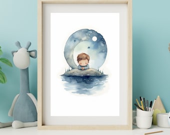 Impresión artística de Moon Boy / Arte lunar en acuarela / Arte mural para guardería / Decoración celestial para guardería / Decoración infantil / Descarga digital