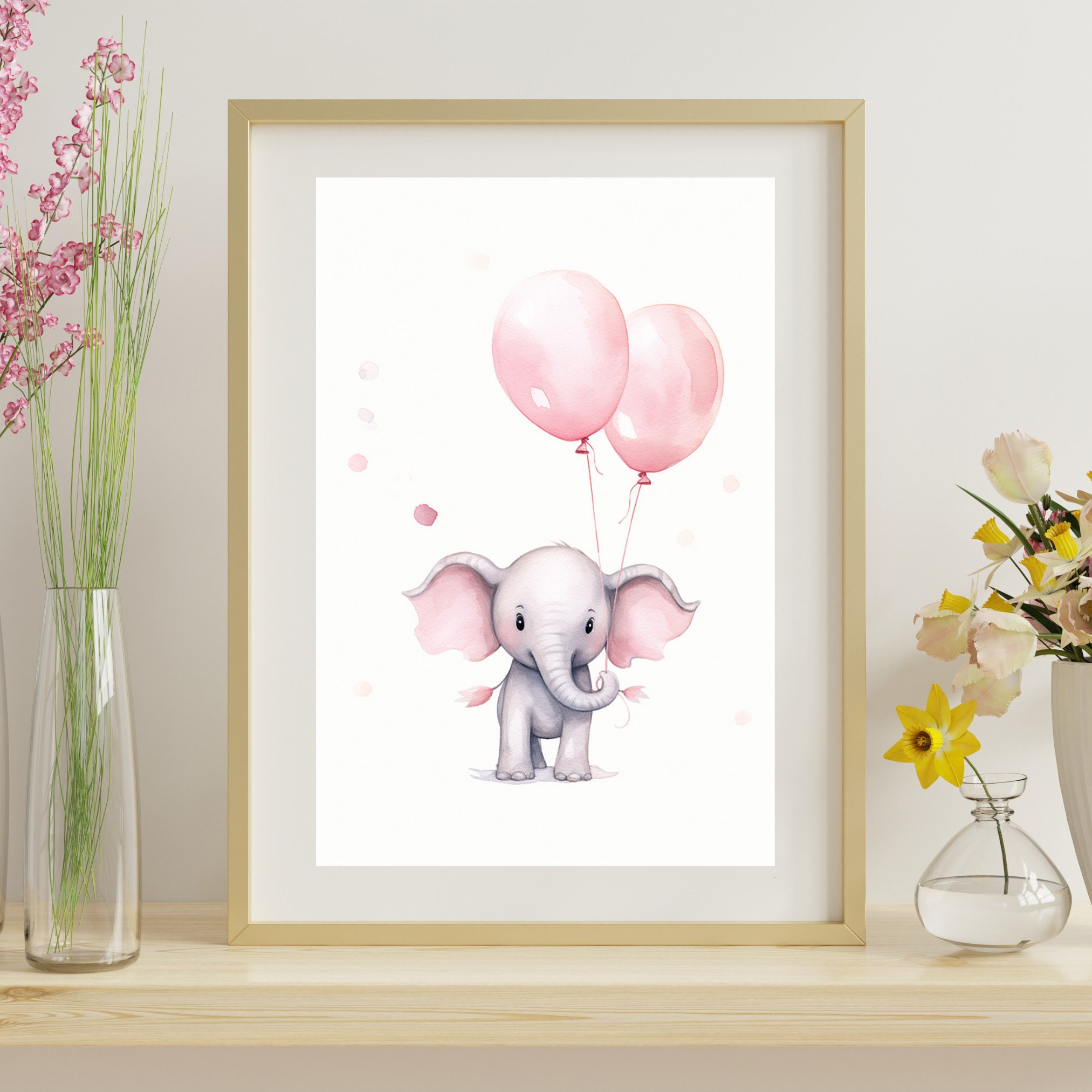 Baby Elephant, Pink Balloons Printable Art Nursery Wall Decor Elephant ...