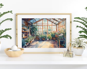 Interior de invernadero iluminado por el sol / Lámina botánica en acuarela / Escena de jardín con techo de cristal / Arte mural para amantes de las plantas / Descarga digital
