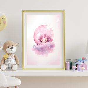 Pink Moon Girl & Stars Watercolor Art Print | Nursery Wall Art | Celestial Nursery Decor | Nursery Decor | Children Decor | Digital Download
