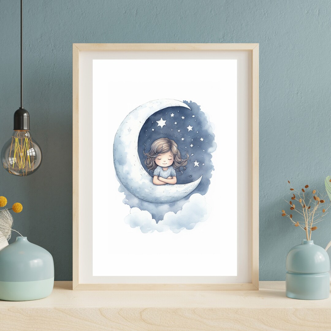 Moon Girl Art Print | Watercolor Moon Art | Nursery Wall Art