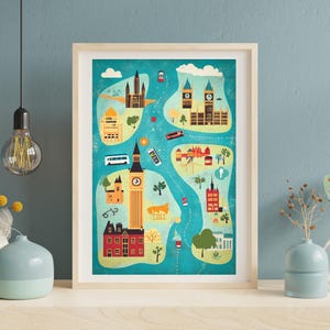 Ilustración del mapa de Londres, Monumentos de Inglaterra, Arte mural de Londres, Arte del paisaje urbano de Londres, Póster de Londres, Póster de viaje, Impresión descargable / #V9