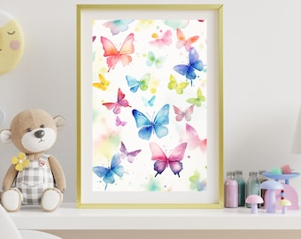 Lámina de mariposas en acuarela / Mariposas arcoíris suaves / Arte mural de mariposas en tonos pastel / Decoración de naturaleza caprichosa / Descarga digital