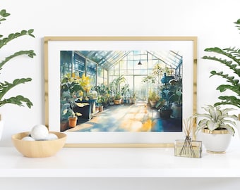 Interior de invernadero con sol matutino / Lámina de plantas tropicales en acuarela / Escena botánica con luz dorada / Decoración de pared para amantes de las plantas / Descarga digital
