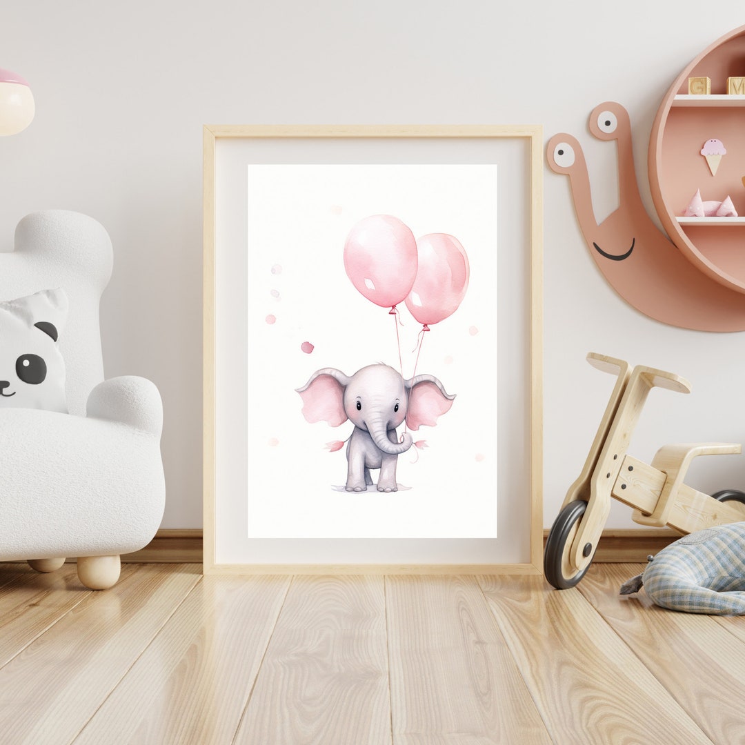 Baby Elephant, Pink Balloons Printable Art | Nursery Wall Decor ...