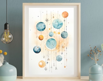 Stampa artistica ad acquerello di costellazioni, pianeti, stelle e luna / Decorazione murale per cameretta / Decorazioni celestiali per la cameretta / Decorazioni per la cameretta / Download digitale