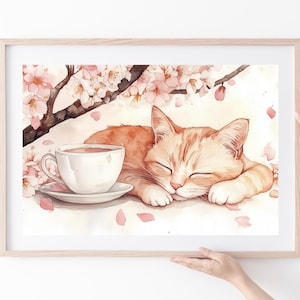 Watercolor Cherry Blossoms Sleeping Cat Print | Spring Summer Floral Art | Botanical Wall Art | Floral Decor | Japanese Sakura Wall Art | #6