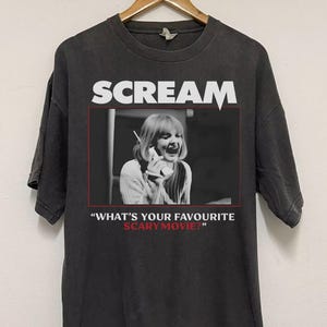 Scream Movie Shirt, What&#39;s Your Favorite Scary Movie Tee, Vintage Horror Film Graphic T-Shirt, Drew Barrymore Slasher Quote Shirt, Halloween