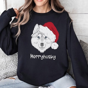 Merryhusky Christmas Sweatshirt, Husky Christmas Shirt, Siberian Husky Xmas T-Shirt, Merry Christmas Tee, Christmas Dog Shirt, Husky Lover