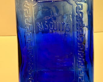 Vintage Cobalt Blue Glass Canister Embossed With “Biscuits” And Fitted Lid