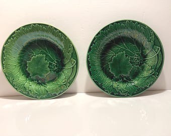 Set of Two Majolica Green Earthenware Plates: Vine Leaf Design, Glazed Finish, Collectible Decor