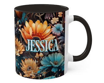 Personalized Floral Mug: 11 0z. Coffee Cup Customized With Your Name, Flowers, Custom Name Cup, Gift for Her, Daughter Sister Coworker Gift