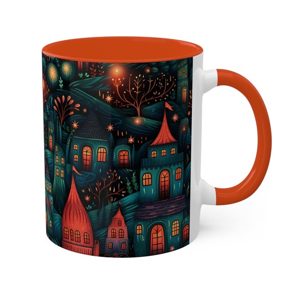 Cozy Autumn Village Mug: Fall/Winter Seasonal Art 11 oz Coffee Cup Country Decor, Colorful Original Artwork, Unique Gift, Cute Houses
