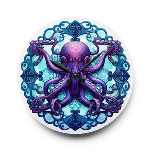 Octopus Mandala Wall Clock - Purple & Blue Kraken Art Whimsical Design, 2 Sizes, Round, Sturdy Acrylic Material Resembling Glass, Eccentric