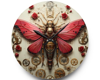 Steampunk Cicada Animatron Acrylic Wall Clock, Inventive Pink Mechanical Bug with Roses, Vibrant Pink Flowers and Brass Robotic Parts