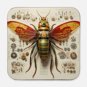 Steampunk Bee Coasters Set of 4 Vintage Style Robotic Insect Animatrons, Vibrant Hardboard Square 4pk Mini Works of Art, Eclectic Home Decor