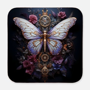 Steampunk Butterflies Coaster Set - Soft Purples and Pinks, Vintage Style Square Hardboard 4pk Eclectic Animatronic Insects Art Home Decor