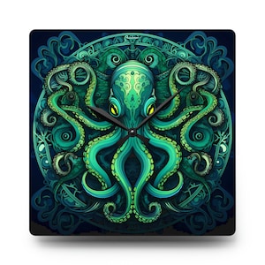 Octopus Clock - Teal Green, Blue & Black Whimsical Mandala Design - Available in Round or Square - Durable Acrylic - Easy Wall Mounting