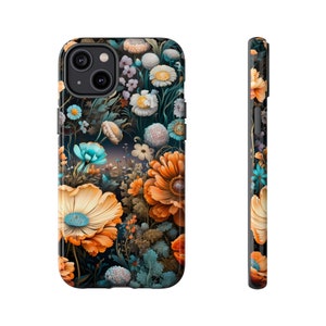 Black Floral Tough Case for iPhone, Samsung Galaxy & Google Pixel, Orange and Light Blue, Latex Free, Durable, Colorful Print