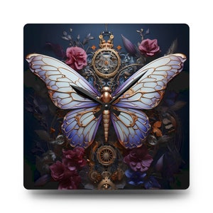 Steampunk Butterfly Acrylic Wall Clock with Brass Gears & Mauve Flowers, Pastel Lilac and White Wings, Round or Square, Unique Home Decor
