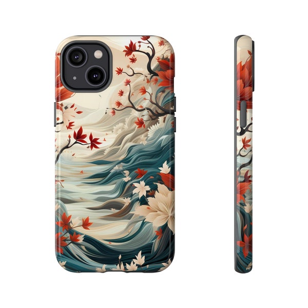 Premium-Quality Custom Protective Phone Case: Floral Landscape in Americana Colors, Japanese Yuzen Origami Style