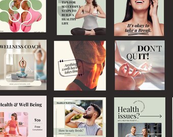 Instagram Templates for Health Coaches – wellness instagram posts, Stories & Reels | Editable Social Media bundle.