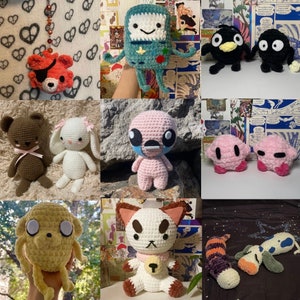 May include: A collection of crocheted plushies in various colors and styles, including a pink alien, a brown bear, a white bunny, a yellow dog, a white cat, a black bird, and a pink and white character.