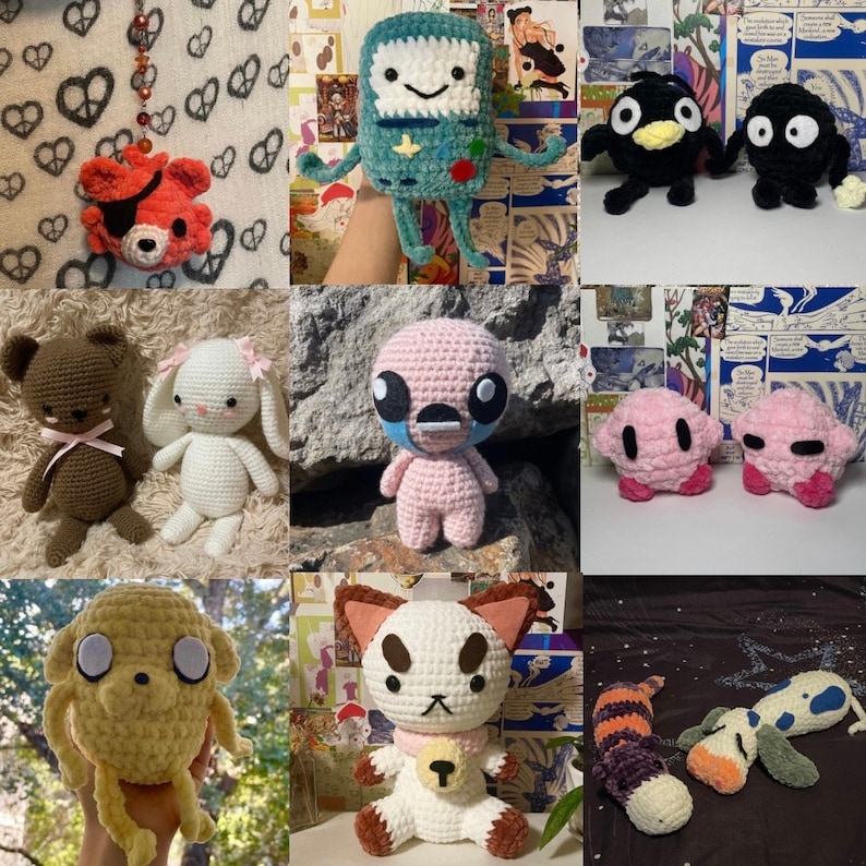 May include: A collection of crocheted plushies in various colors and styles, including a pink alien, a brown bear, a white bunny, a yellow dog, a white cat, a black bird, and a pink and white character.