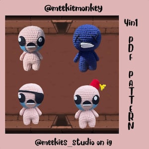 Puede incluir: Cuatro patrones de amigurumi de crochet de personajes del videojuego "The Binding of Isaac". Los patrones están disponibles para descargar digitalmente. Los patrones son para un personaje azul, un personaje rosa con un vendaje, un personaje rosa con un sombrero rojo y un personaje rosa con un parche en el ojo negro. El texto "4in1 PDF PATTERN" está en la esquina superior derecha de la imagen.