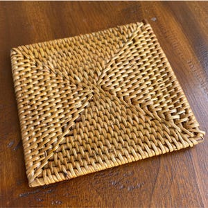 Handwoven Square Rattan Coaster, Natural Boho Drink Mat, Handmade by Indonesia Local Artisan