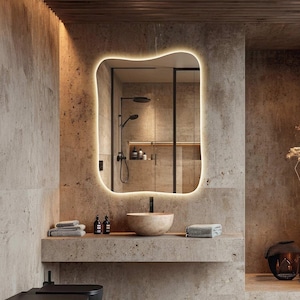 Contemporary LED Lighted Bathroom Mirror, Aesthetic Wall Mirror with Lights, Irregular Backlit Mirror, Elegant Illuminated Mirror Home Decor