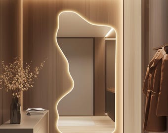 Abstract LED Full Length Mirror, Modern Lighted Mirror, Illuminated Floor Mirror, Large Asymmetrical Wall Mirror, Unique Backlit Mirror
