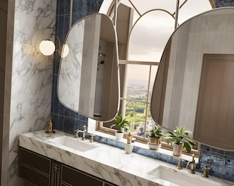 Modern Ceiling Mounted Mirror, Suspended Bathroom Vanity Mirror, Stainless Steel Frame