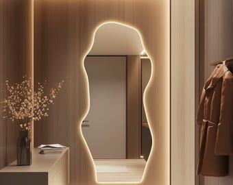 LED Lighted Full Length Mirror, Modern Backlit Floor Mirror, Large Irregular Wall Mirror with Lights, Illuminated Asymmetrical Mirror