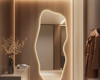Contemporary Full Length Wall Mirror, Modern Backlit Mirror, Large Asymmetrical Wall Mirror with Lights, Illuminated Irregular Mirror IP67