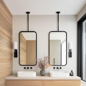Minimalist Ceiling Hung Mirror, Metal Frame Bathroom Mirror, Suspended Vanity Mirror, Hair Designer Mirror, Hotel Mirror, Rectangular Mirror