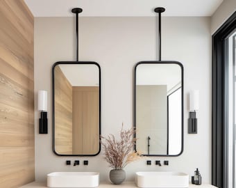Handmade Rectangular Ceiling Hung Mirror, Black Metal Framed, Custom Size Suspended Mirror