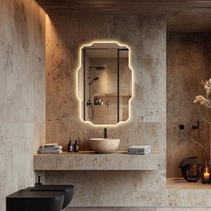 Art Deco Led Lighted Mirror, Illuminated Wall Mirror, Backlit Mirror for Bathroom, Elegant Vanity Mirror, Warm Light Bathroom Wall Art