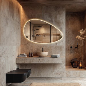 Asymmetrical LED Bathroom Mirror, Unique Illuminated Vanity Mirror, Modern Backlit Mirror