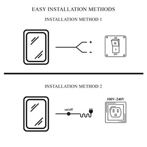 Puede incluir: Diagrama que ilustra dos m&eacute;todos de instalaci&oacute;n sencillos. El m&eacute;todo 1 muestra el cableado a un interruptor, y el m&eacute;todo 2 representa una opci&oacute;n enchufable. El texto incluye "EASY INSTALLATION METHODS" y "INSTALLATION METHOD 1".