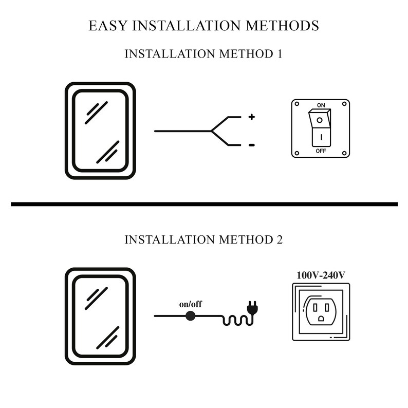 Puede incluir: Diagrama que ilustra dos m&eacute;todos de instalaci&oacute;n sencillos. El m&eacute;todo 1 muestra el cableado a un interruptor, y el m&eacute;todo 2 representa una opci&oacute;n enchufable. El texto incluye "EASY INSTALLATION METHODS" y "INSTALLATION METHOD 1".