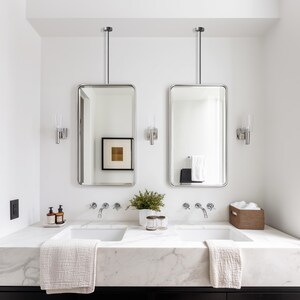 May include: A modern bathroom with a marble countertop and two sinks. Two rectangular mirrors hang above the sinks, with sconces on either side. A woven basket holds towels, and a small plant sits on the counter.
