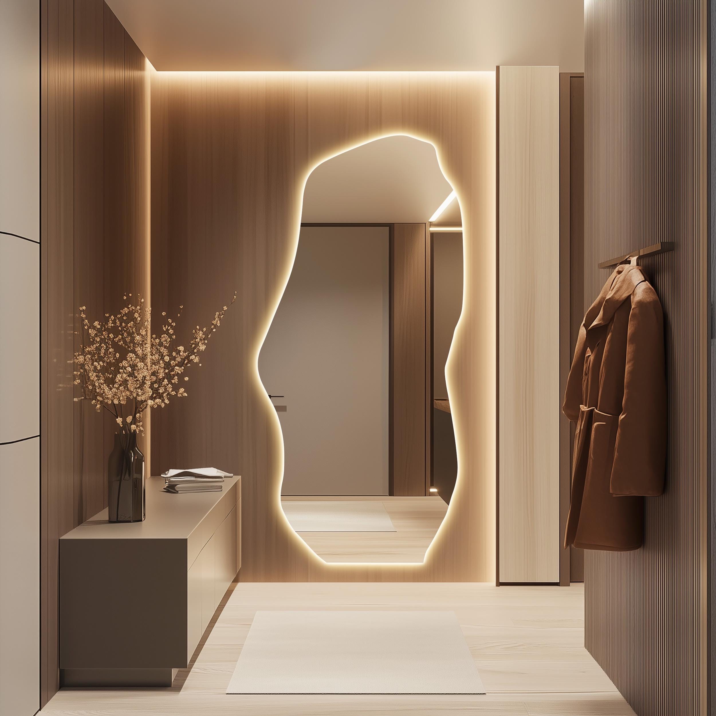 Modern Full Length Mirror with Lights, LED Floor Mirror, Asymmetrical Large Wall Mirror, Irregular Backlit Mirror, Tall Illuminated Mirror