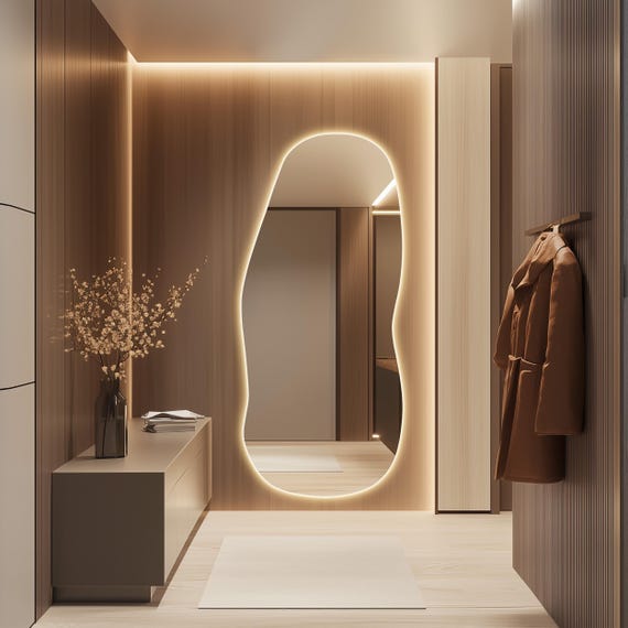 LED Lighted Aesthetic Mirror, Backlit Full Length Wall Mirror, Illuminated Asymmetrical Mirror, Tall Irregular Mirror, Full Size LED Mirror