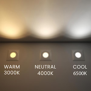 Puede incluir: Tres luces LED empotradas con diferentes temperaturas de color. La primera luz es c&aacute;lida a 3000K, la segunda es neutra a 4000K y la tercera es fr&iacute;a a 6500K. Cada luz est&aacute; etiquetada con su temperatura de color.