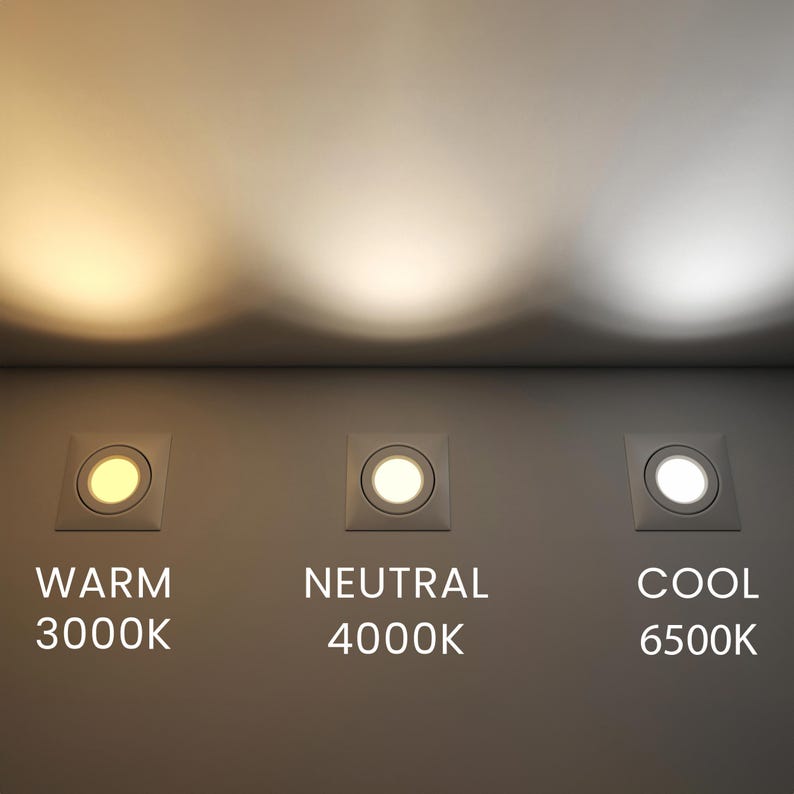 Puede incluir: Tres luces LED empotradas con diferentes temperaturas de color. La primera luz es c&aacute;lida a 3000K, la segunda es neutra a 4000K y la tercera es fr&iacute;a a 6500K. Cada luz est&aacute; etiquetada con su temperatura de color.