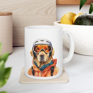 Retro Skiing Golden Retriever Mug | Vintage Snow Dog Lover Gift | 11oz Ceramic Ski Resort Coffee Cup | Ramble & Bo
